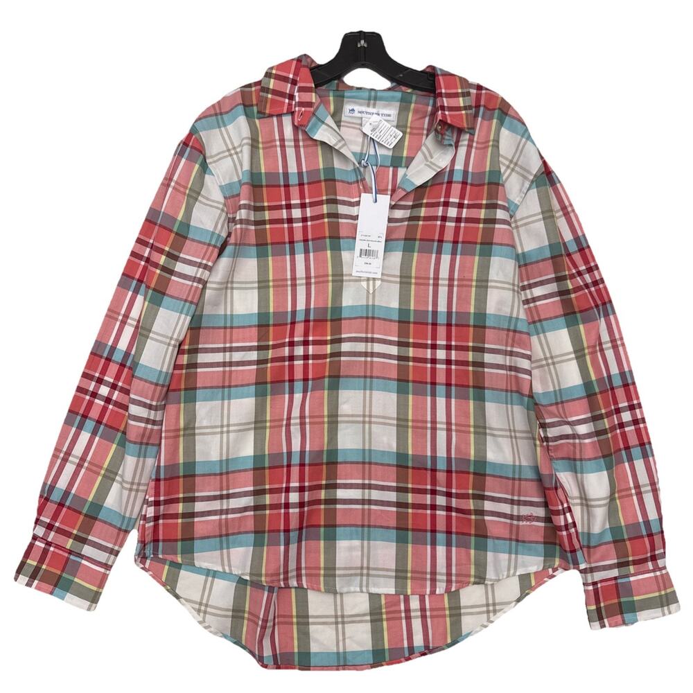 SOUTHERN TIDE Hadley Henley Popover Shirt Sz L Multicolored Plaid 100% Cotton